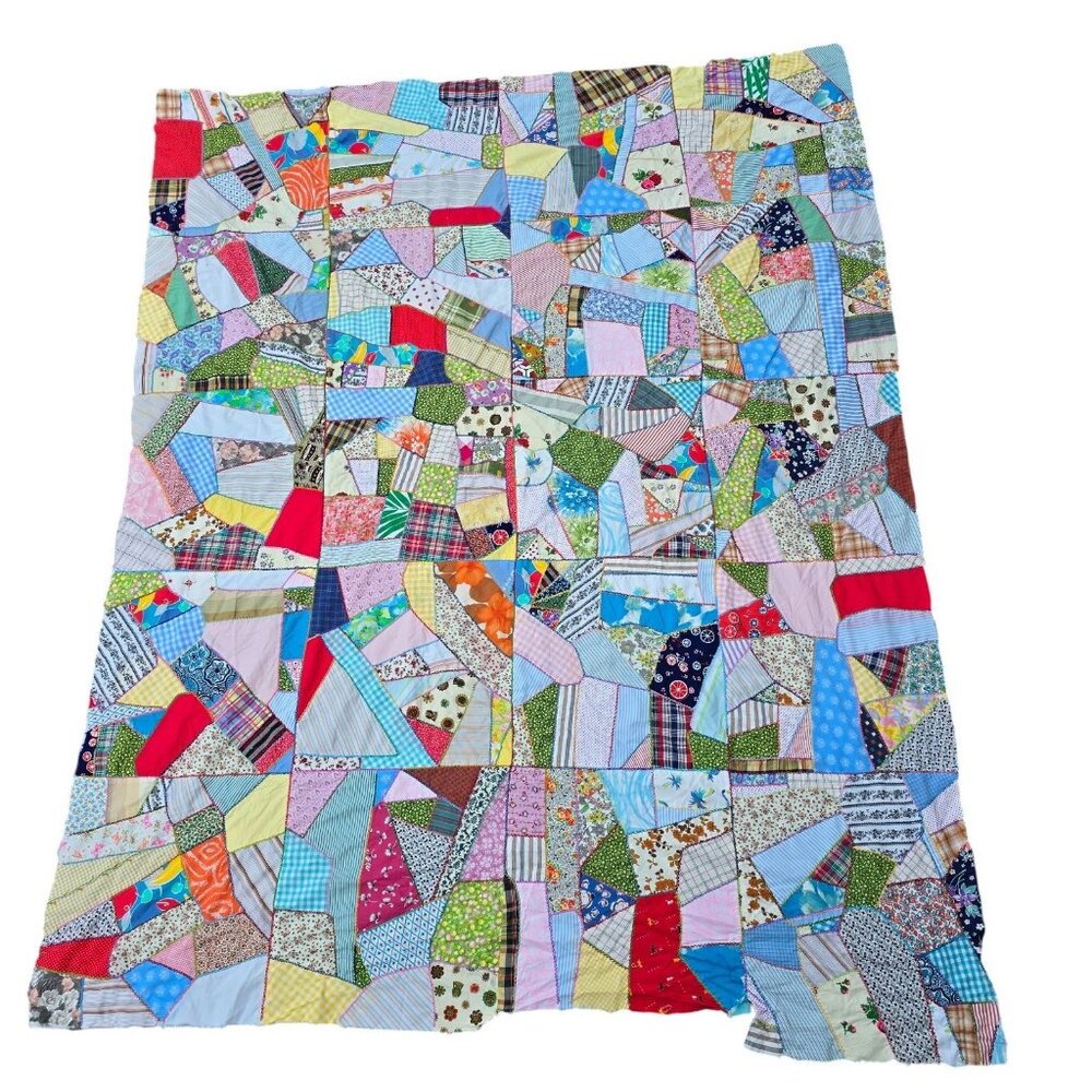 Vintage Crazy Quilt Top 1940s 50s Feedsack Patchwork Hand Embroidery 66x85